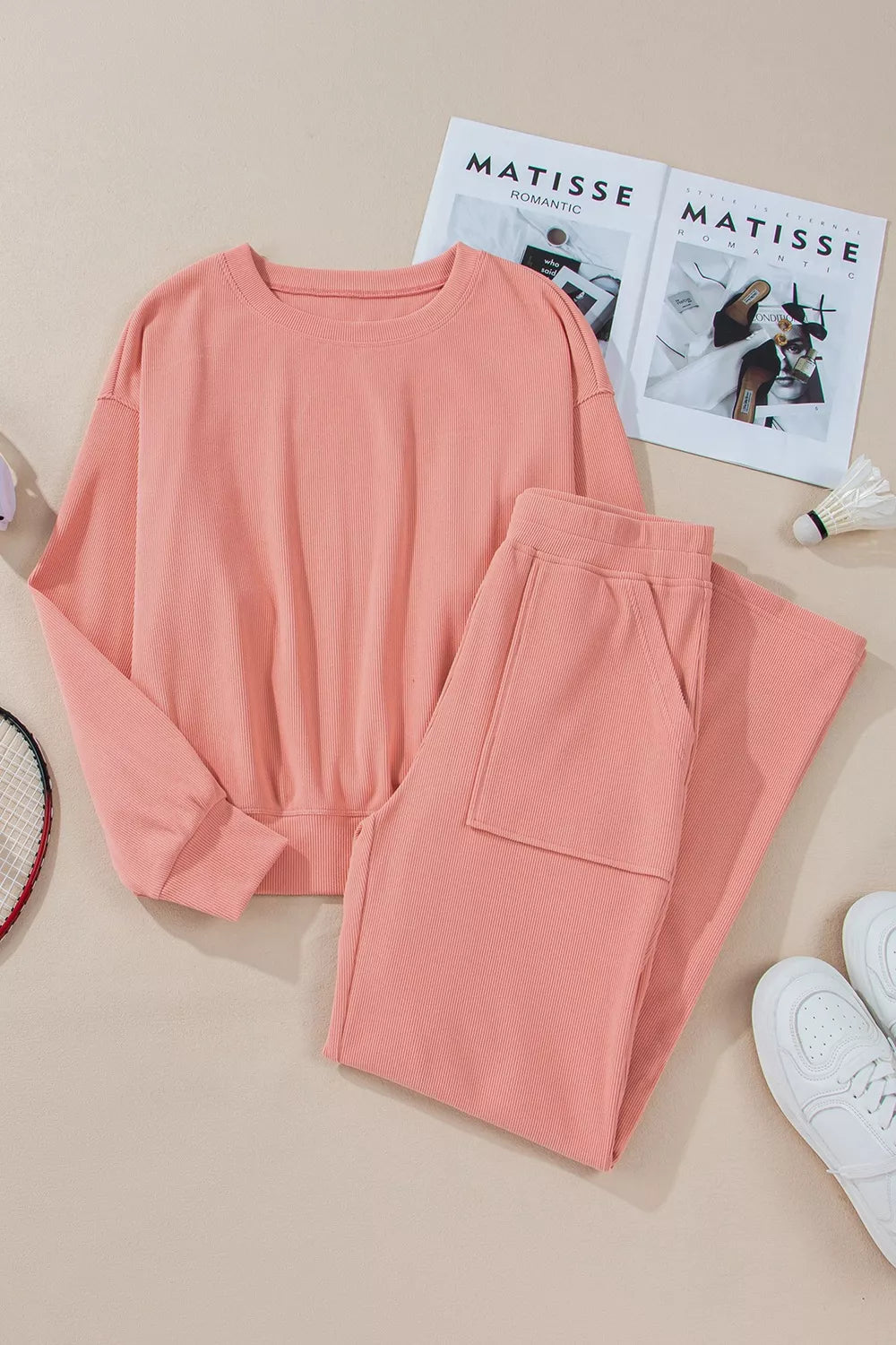 Women's Ribbed Round Neck Two-Piece Lounge Set with Pockets