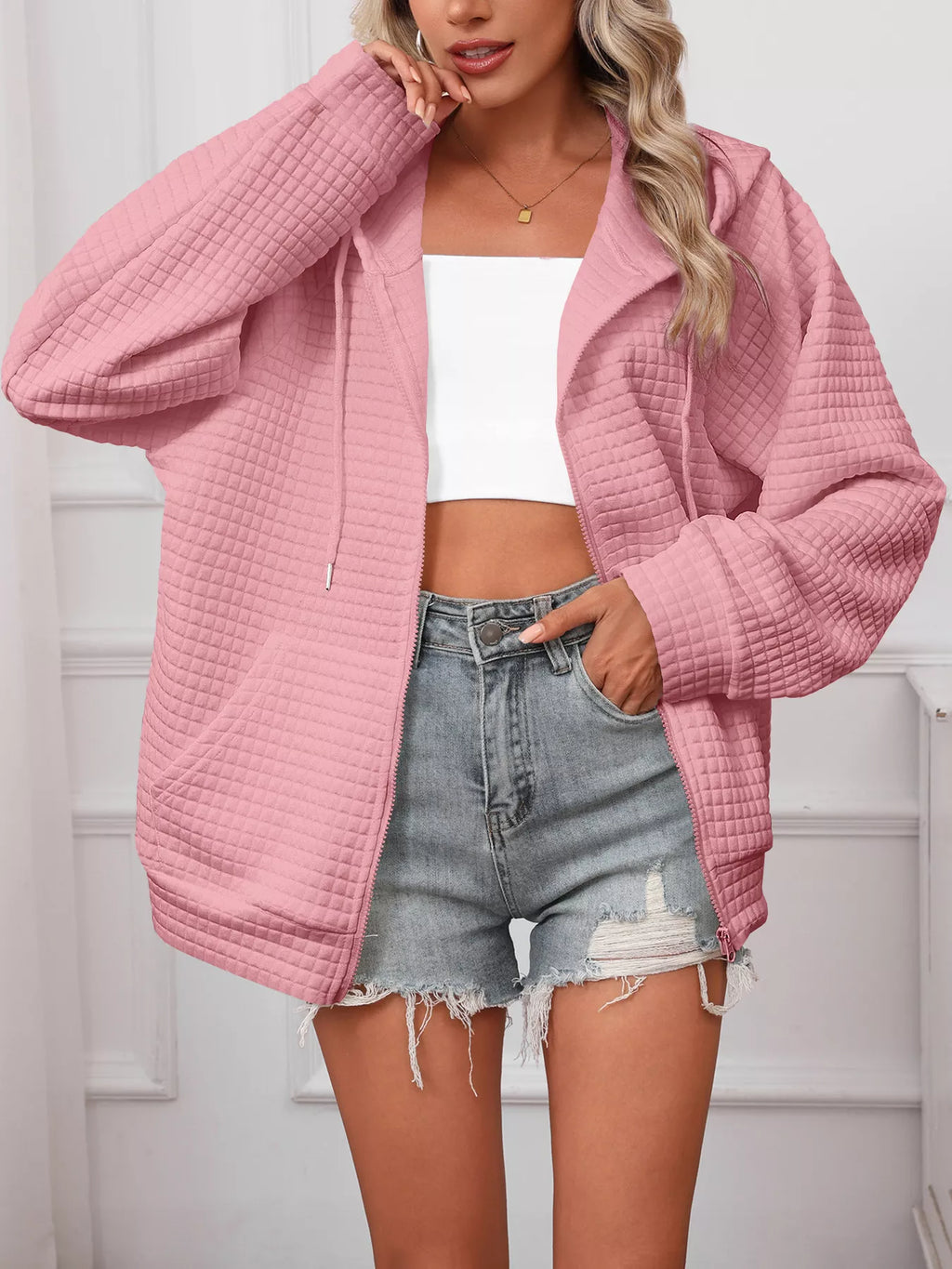 White Quilted Zip-Up Hooded Jacket with Drawstring