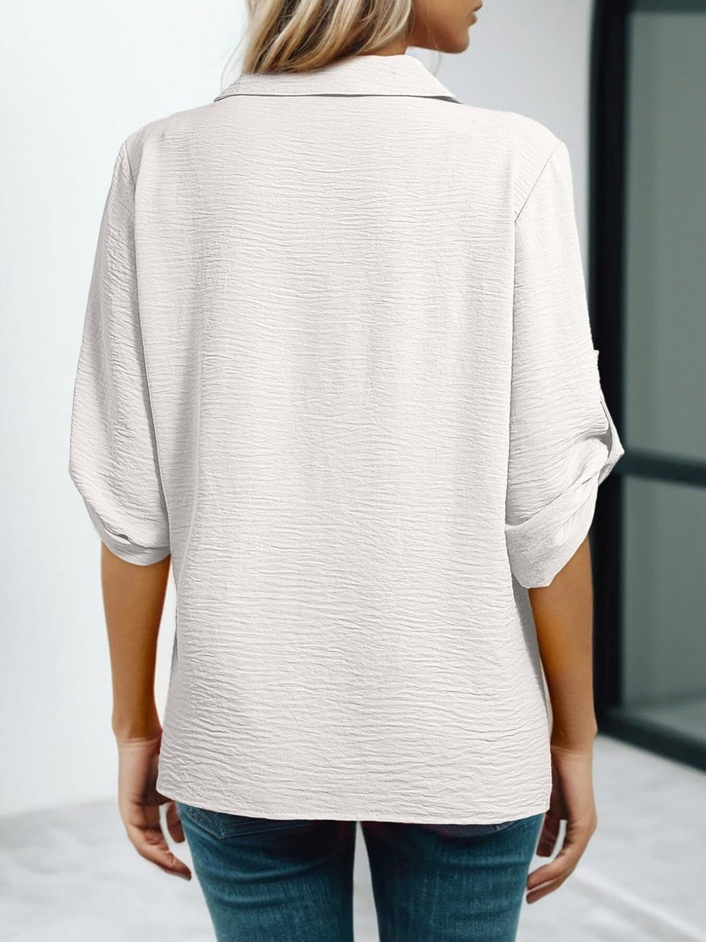 Women Johnny Collar Blouse with Cutout Details and Texture