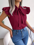 White Ruffle Sleeve Blouse with Elegant Bow Tie Detail