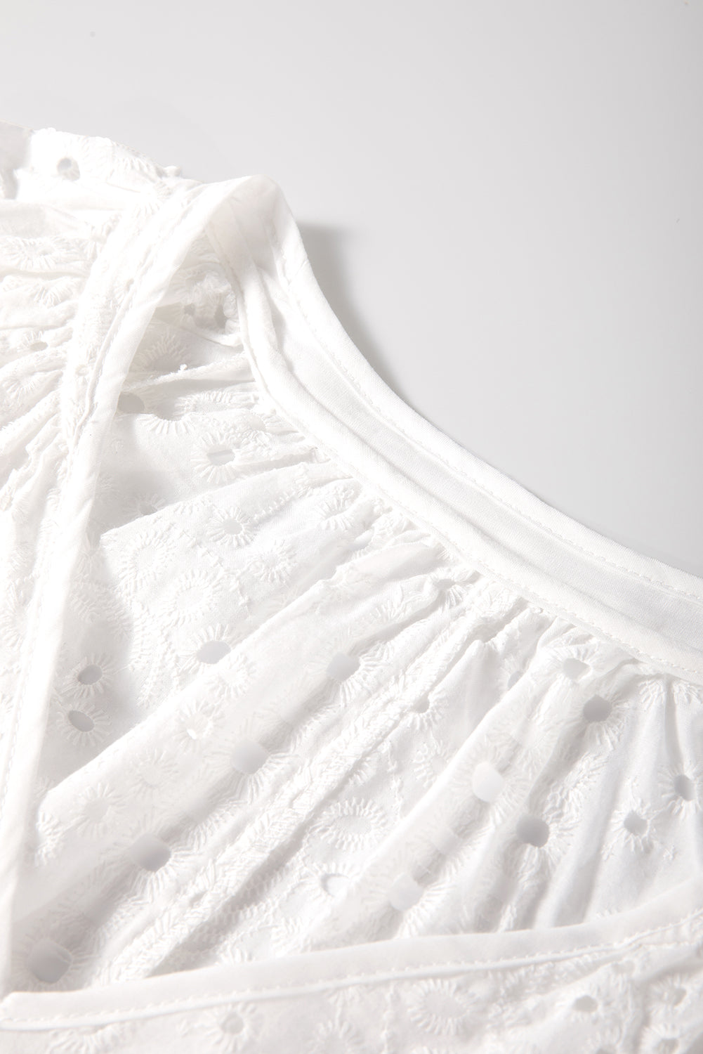 White Eyelet Puff Sleeve Blouse with V Neck