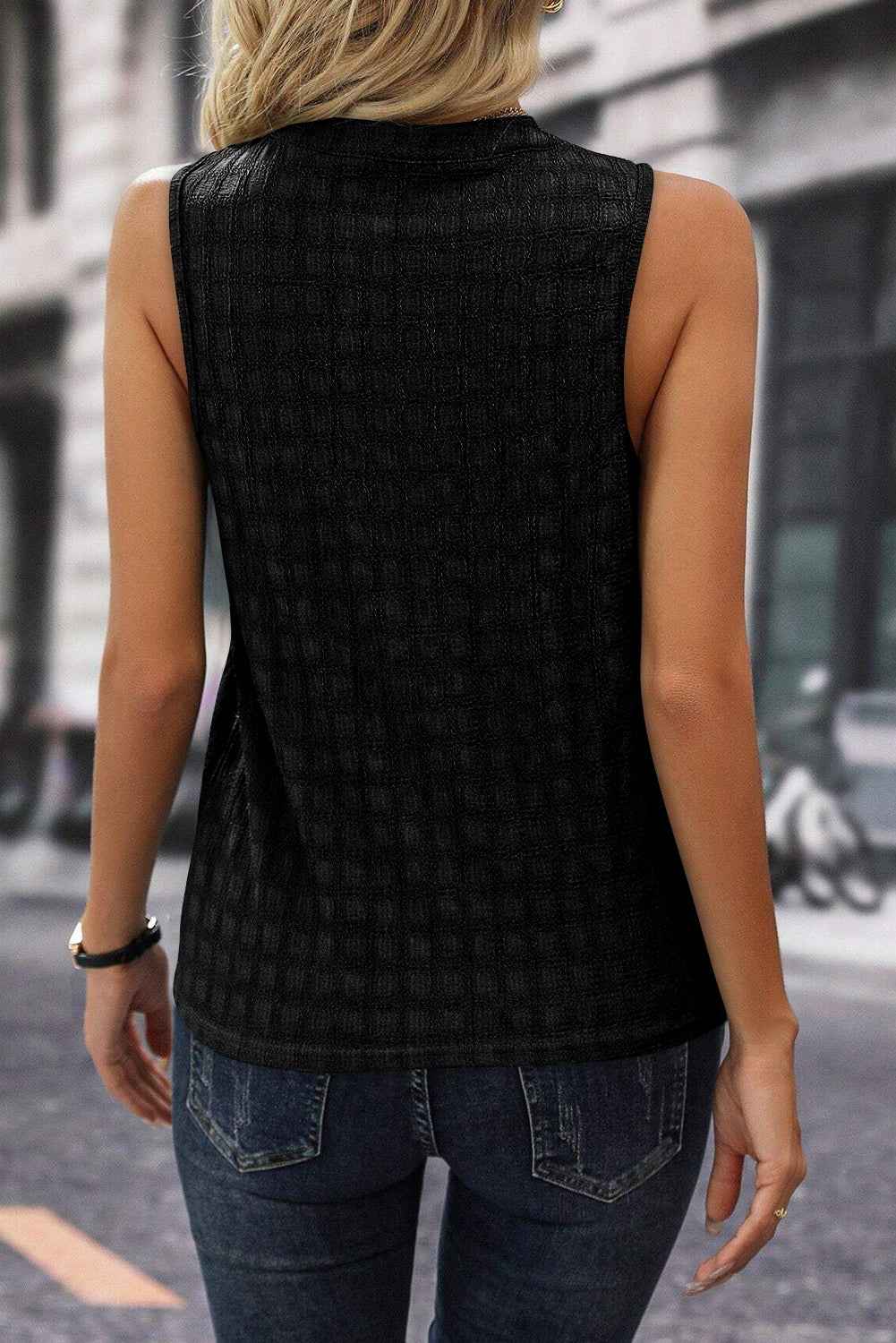 Sleeveless Top - Textured Split V Neck Women's Blouse