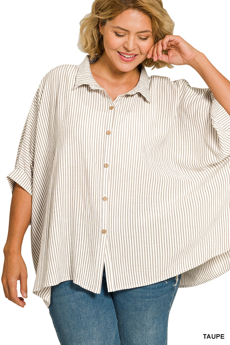 Zenana Woven Stripe Button Down Boxy Shirt | Rayon Blend