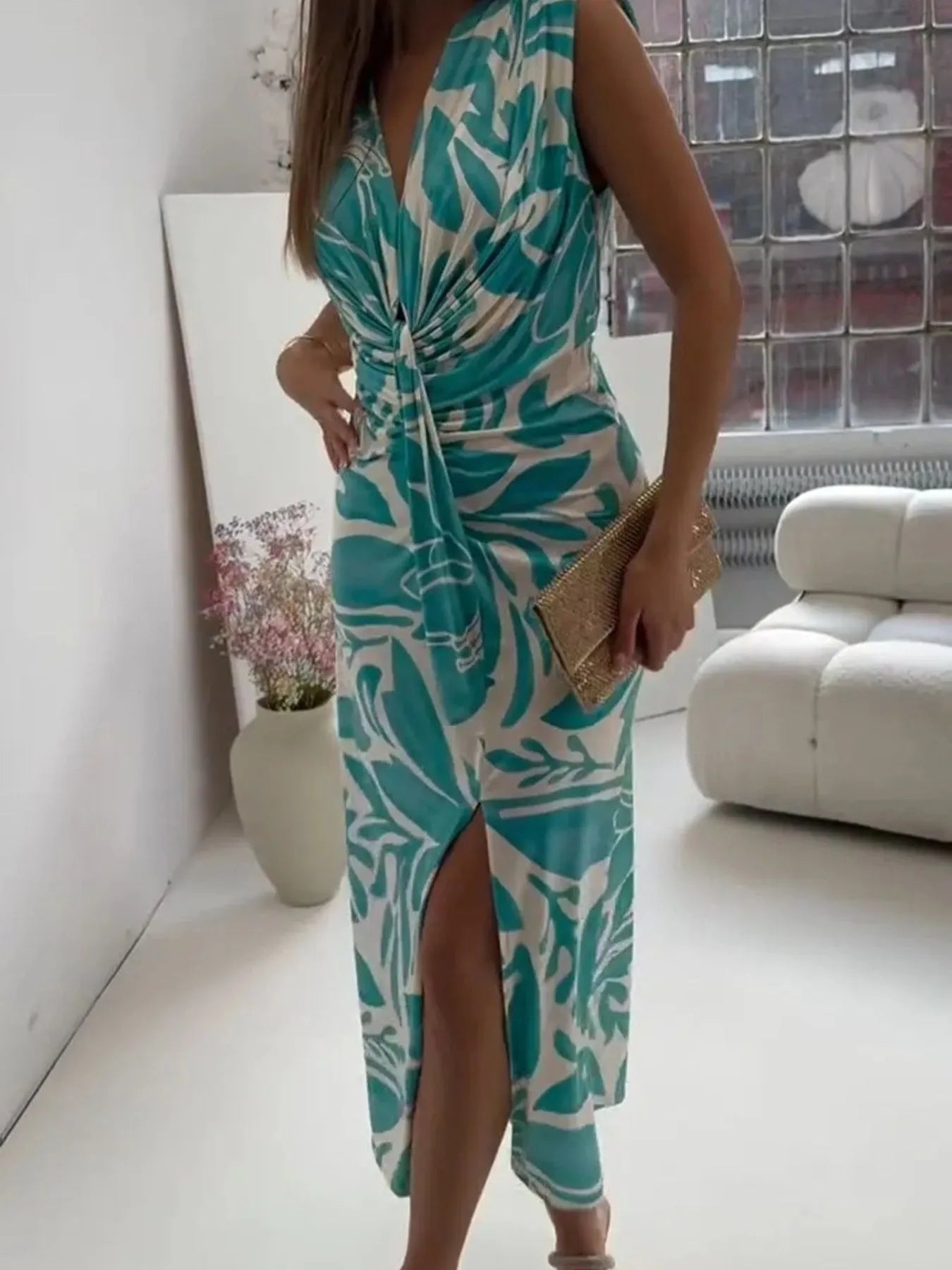 Full Size Slit Printed V-Neck Midi Dress for Plus Size Women - Stylish Plus Size Midi Dress