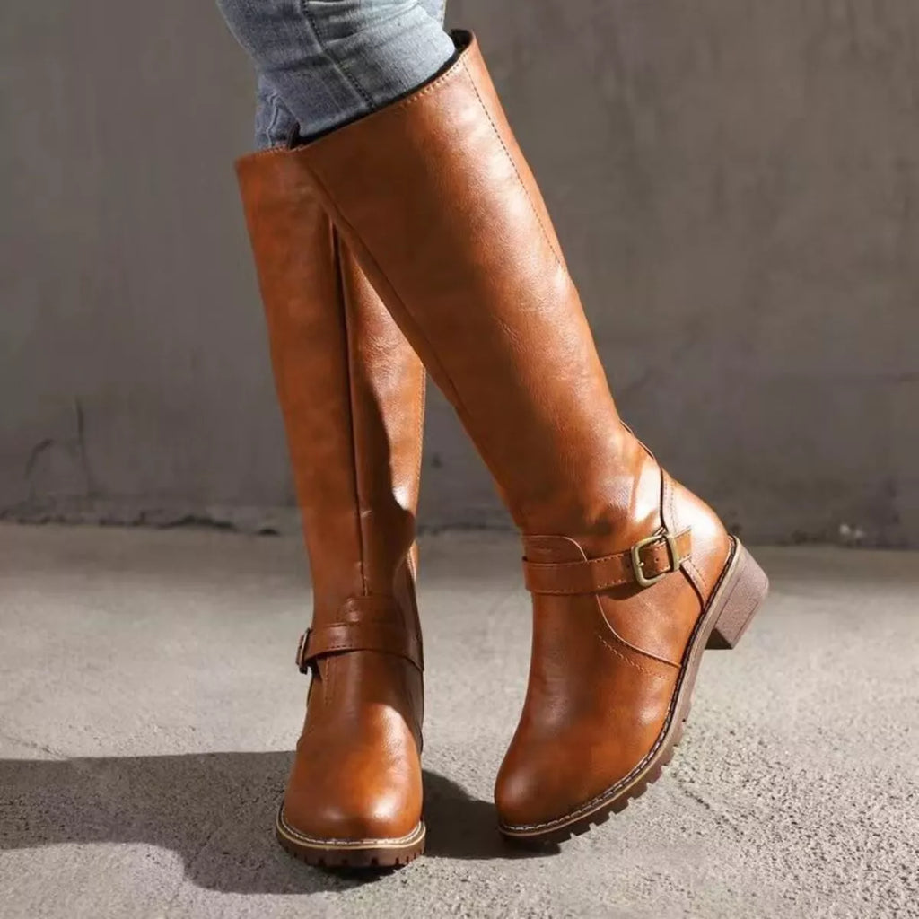 Women's Round Toe Knee High Buckle Boots Low Heel Fashion