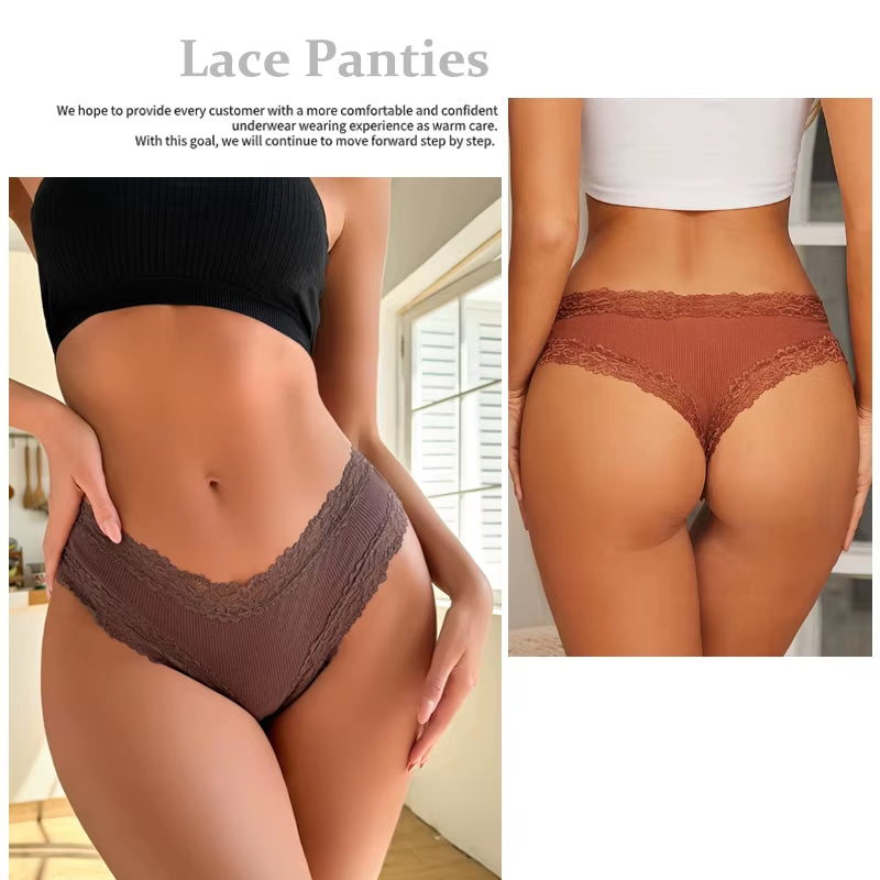 5Pcs/Set Women Lace Seamless Cotton Panties Sexy Brazilian Pants Ribbed Breathable Girls Underwear Soft plus Size Lingerie S-XL