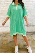Green Ribbed Polo Collar Half Sleeve Mini Dress