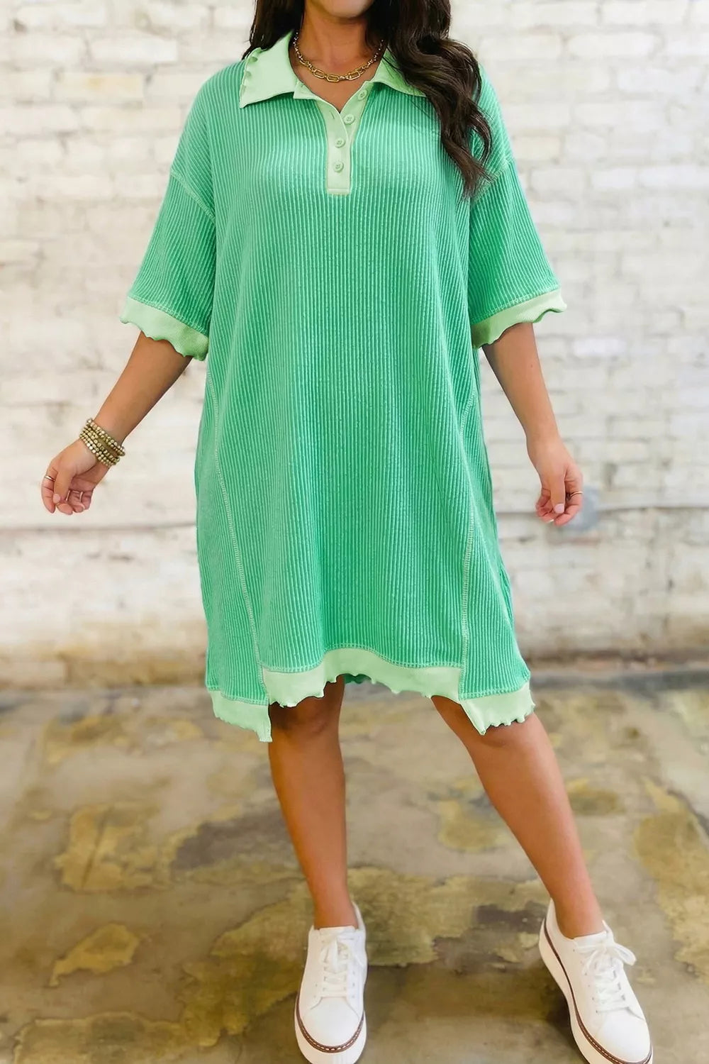 Green Ribbed Polo Collar Half Sleeve Mini Dress