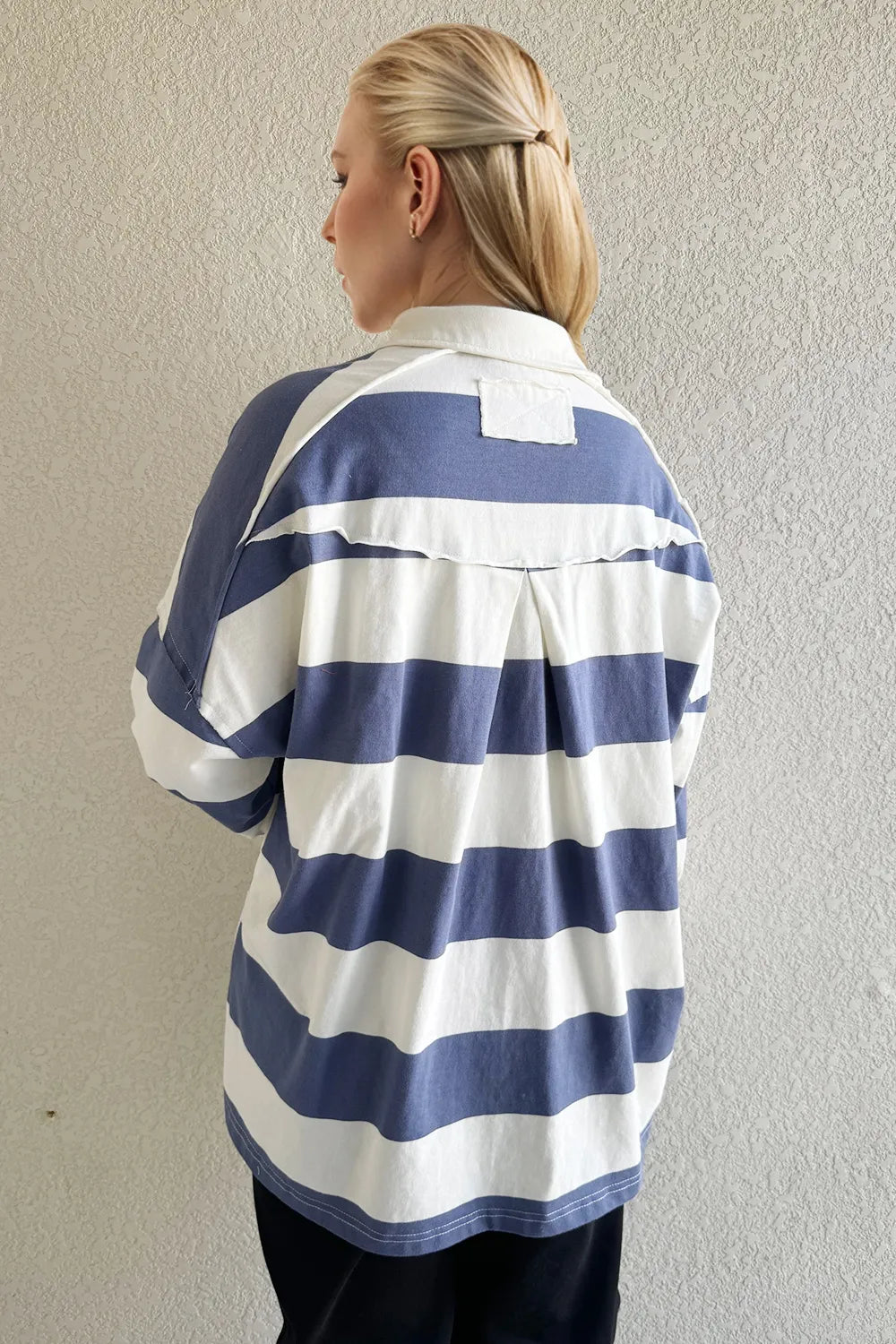 Pima Cotton Wide Stripe Collared Long Sleeve Top