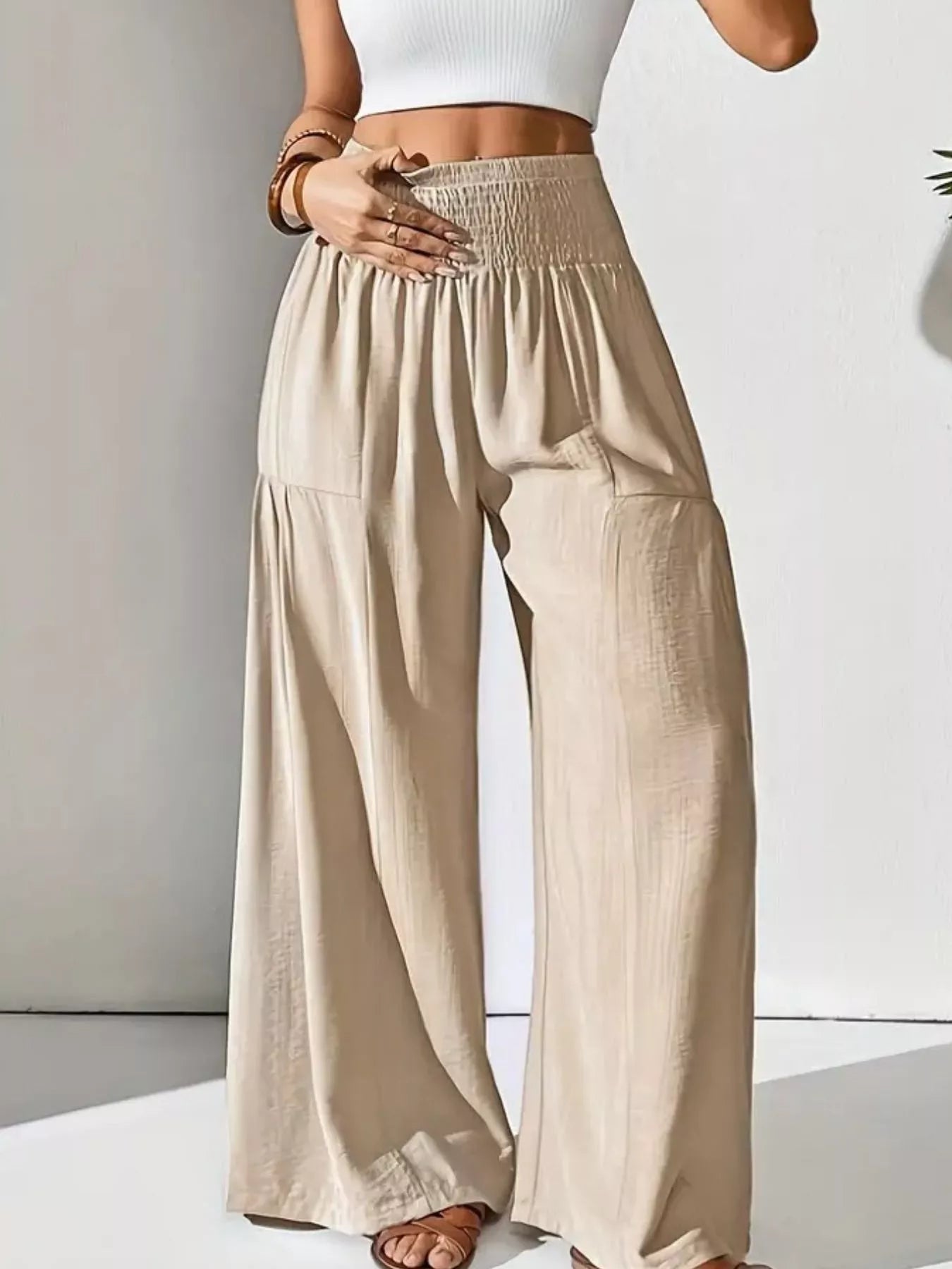 Women's Khaki Smocked Waist Wide Leg Flowy Casual Pants