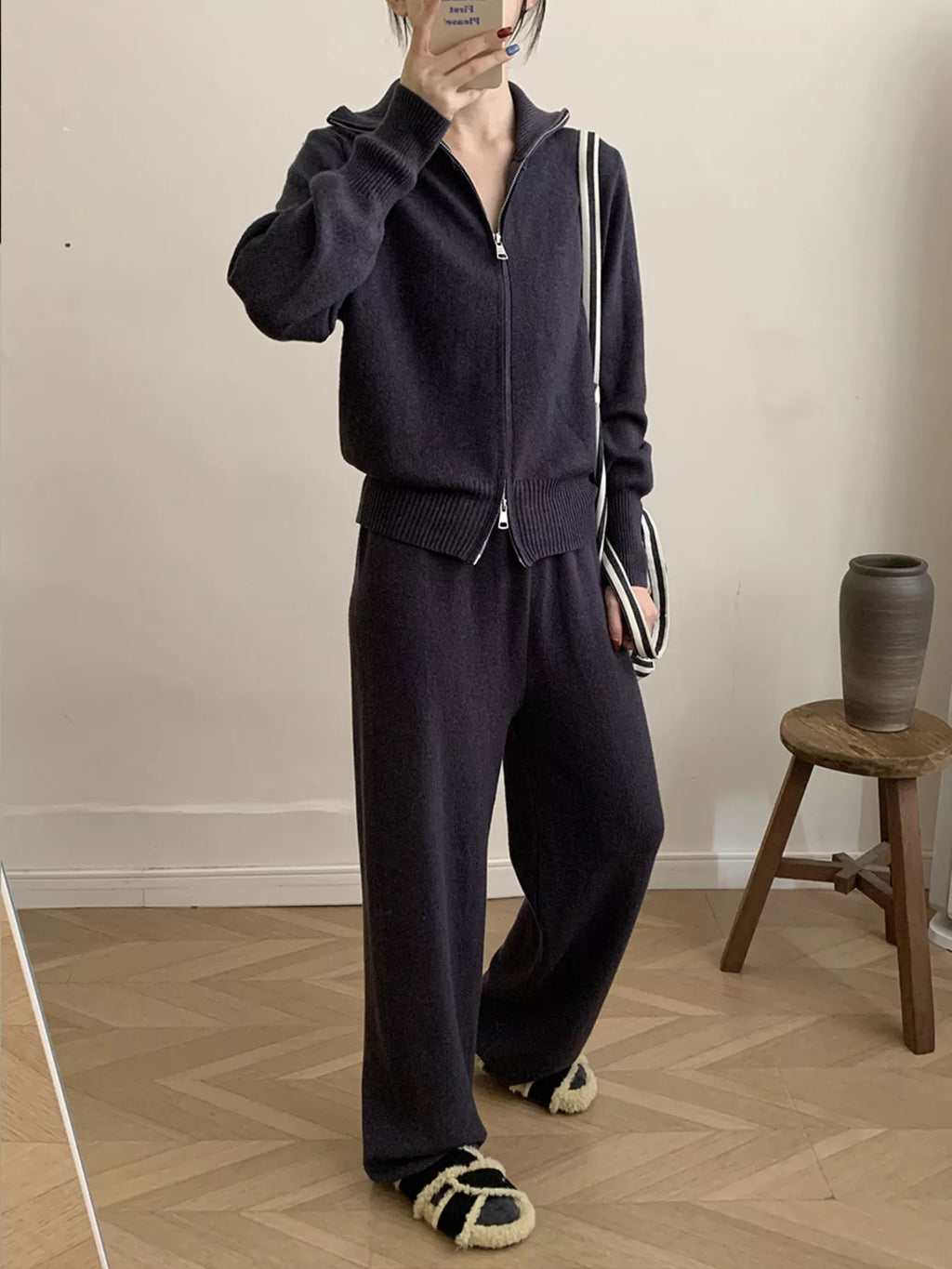 Women's Zip Up Collared Loungewear Set with Wide Leg Pants