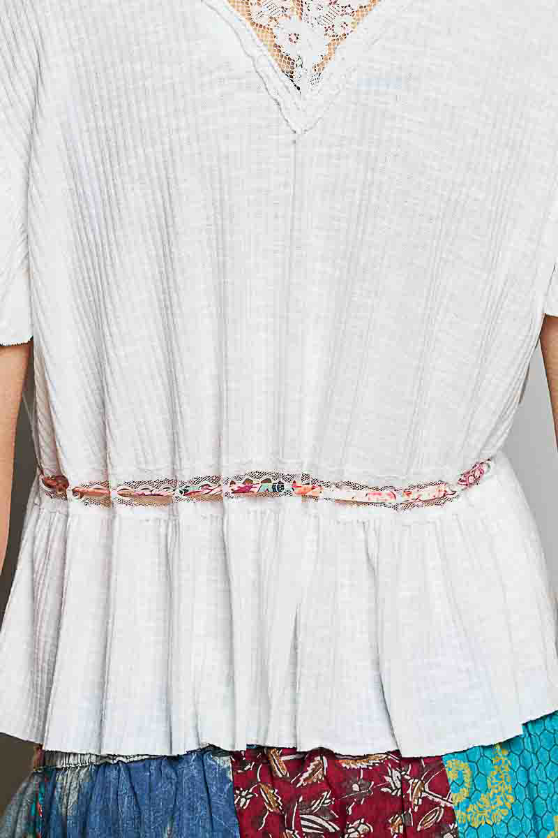 White Tied Ruffled V-Neck Short Sleeve Blouse with Lace Details