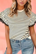 Striped Ruffle Sleeve Round Neck Blouse