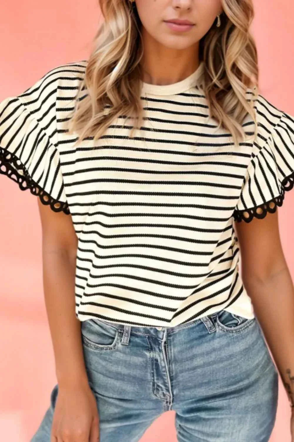 Striped Ruffle Sleeve Round Neck Blouse