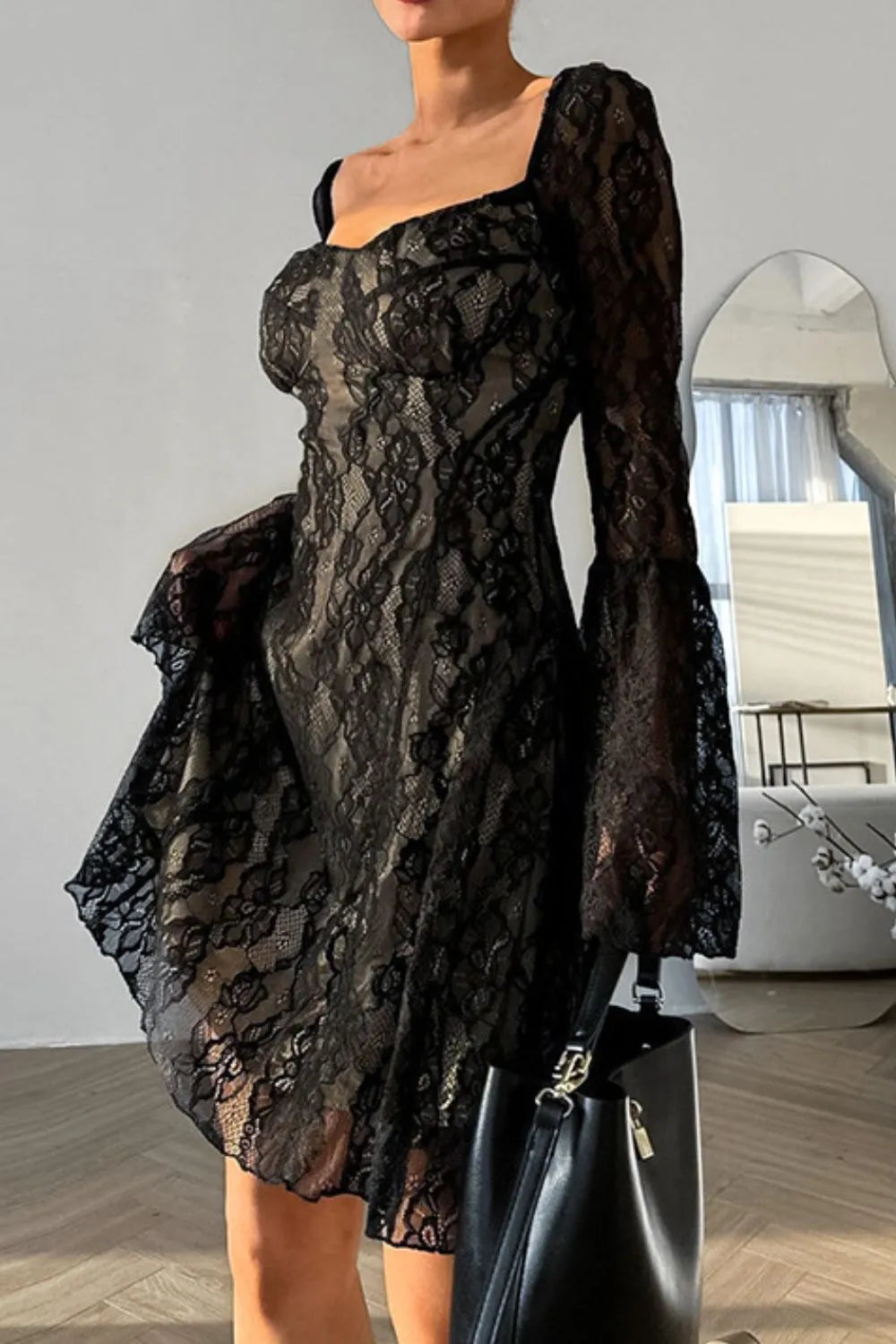 Lace Sweetheart Neck Flare Sleeve Mini Dress