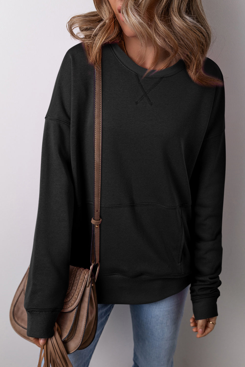 Drop Shoulder Women's Sweatshirt - Crisscross Stitching with Pockets