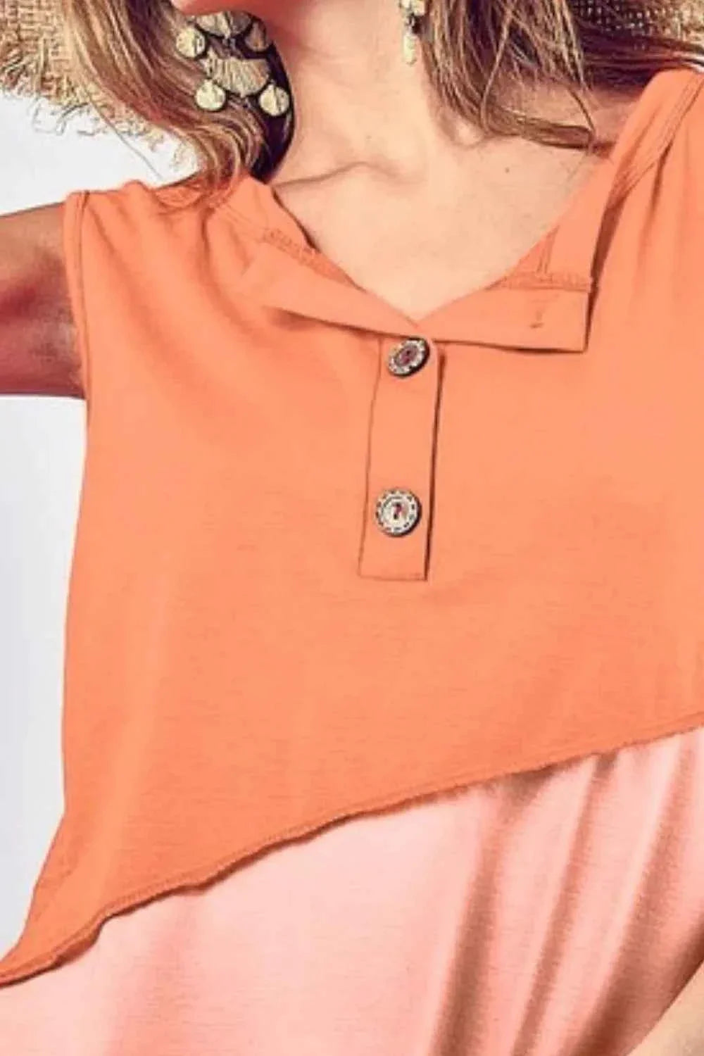 BiBi Color Block Henley Women's Top with Contrast Stitching and Button Detail