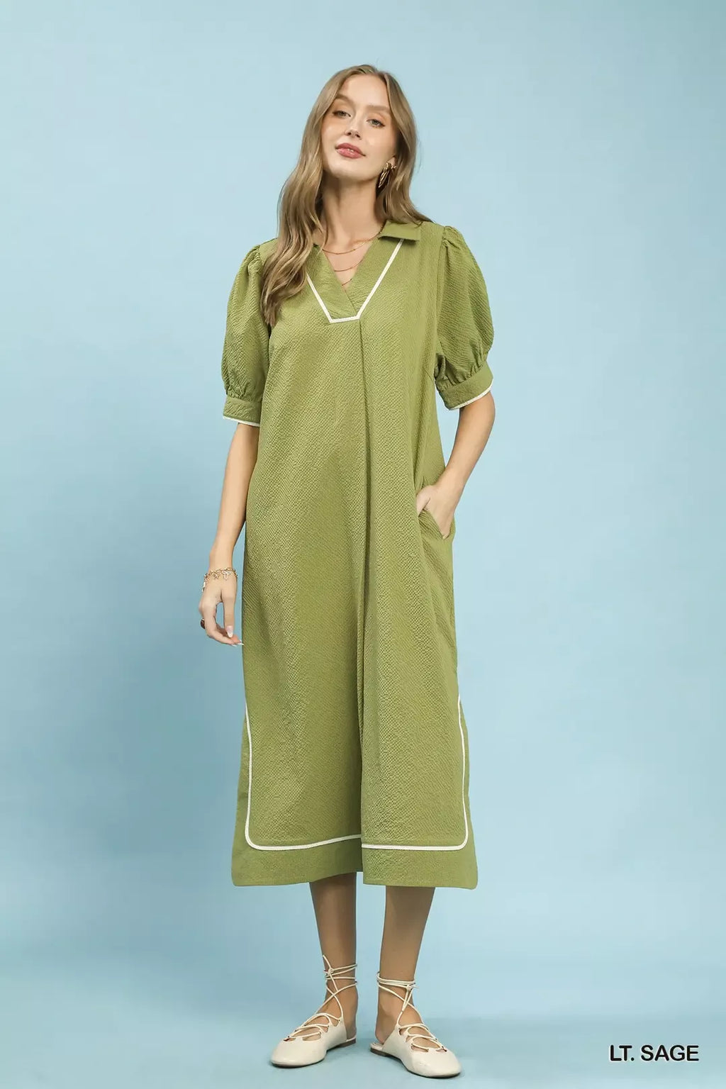 Light Sage Seersucker Midi Dress with Contrast Piping Trim