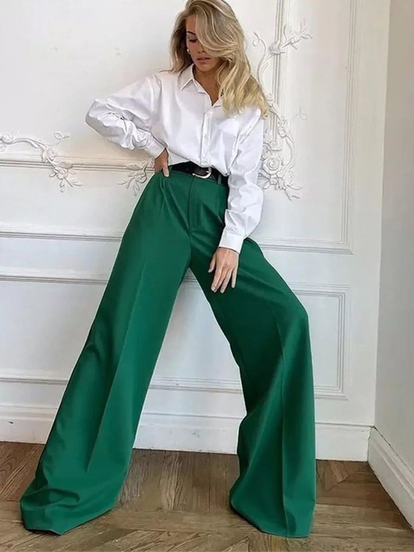 Women's High-Rise Wide Leg Pleated Pants – Relaxed Floor Length