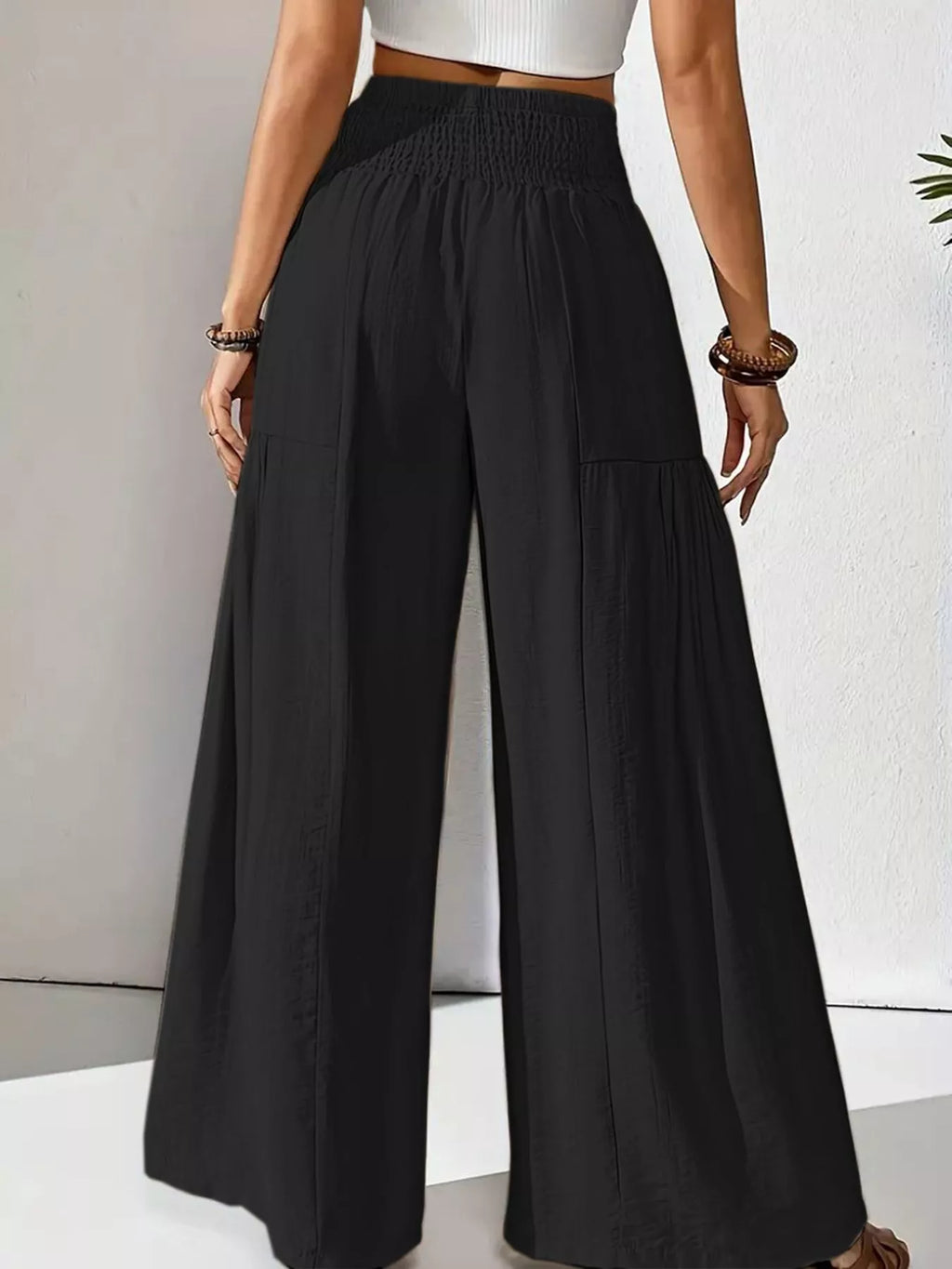 Women's Khaki Smocked Waist Wide Leg Flowy Casual Pants