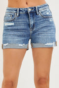 RISEN Mid Rise Cuffed Distressed Denim Shorts