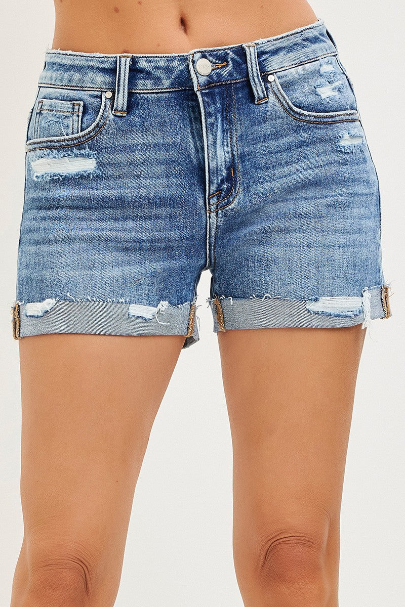 RISEN Mid Rise Cuffed Distressed Denim Shorts