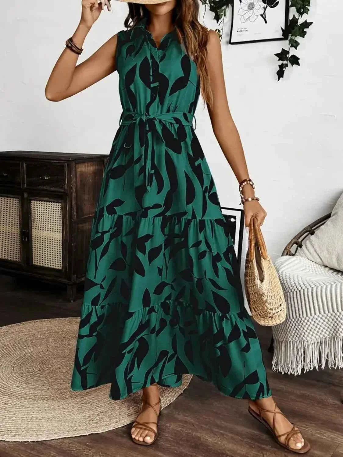 Printed Maxi Dress with Tie Waist - Sleeveless Elegance