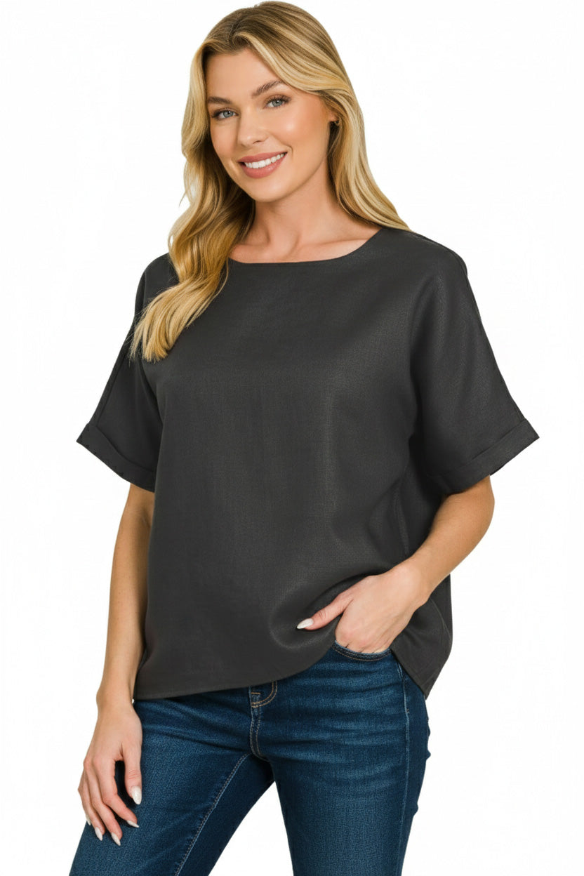 Women's Black Linen Round Neck Cuffed Sleeve Casual Top