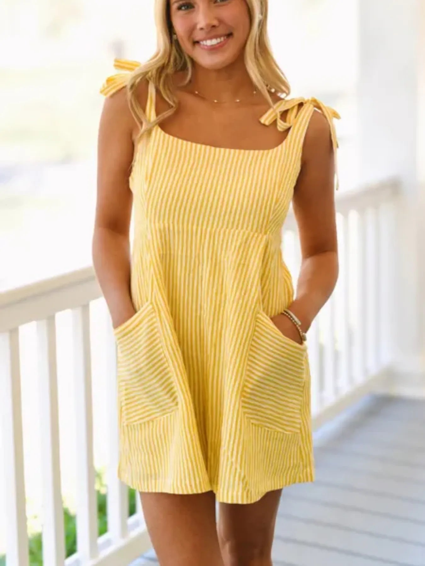 Yellow & White Striped Tie-Shoulder Mini Romper