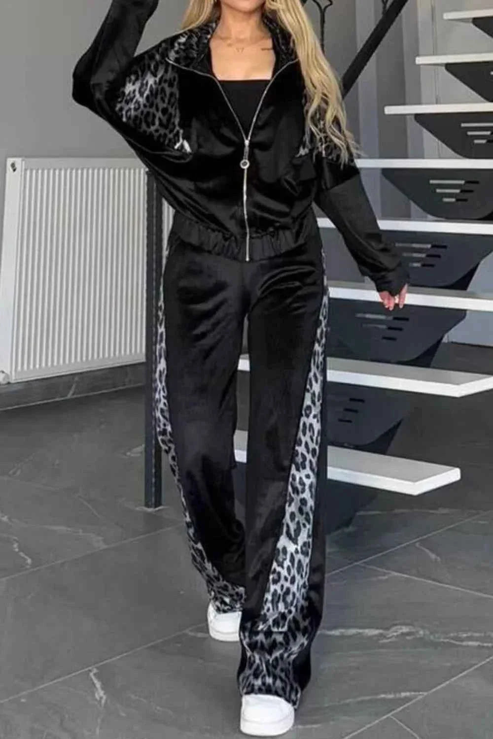 Full Size Collared Neck Leopard Zip Up Sweatsuit Plus Size