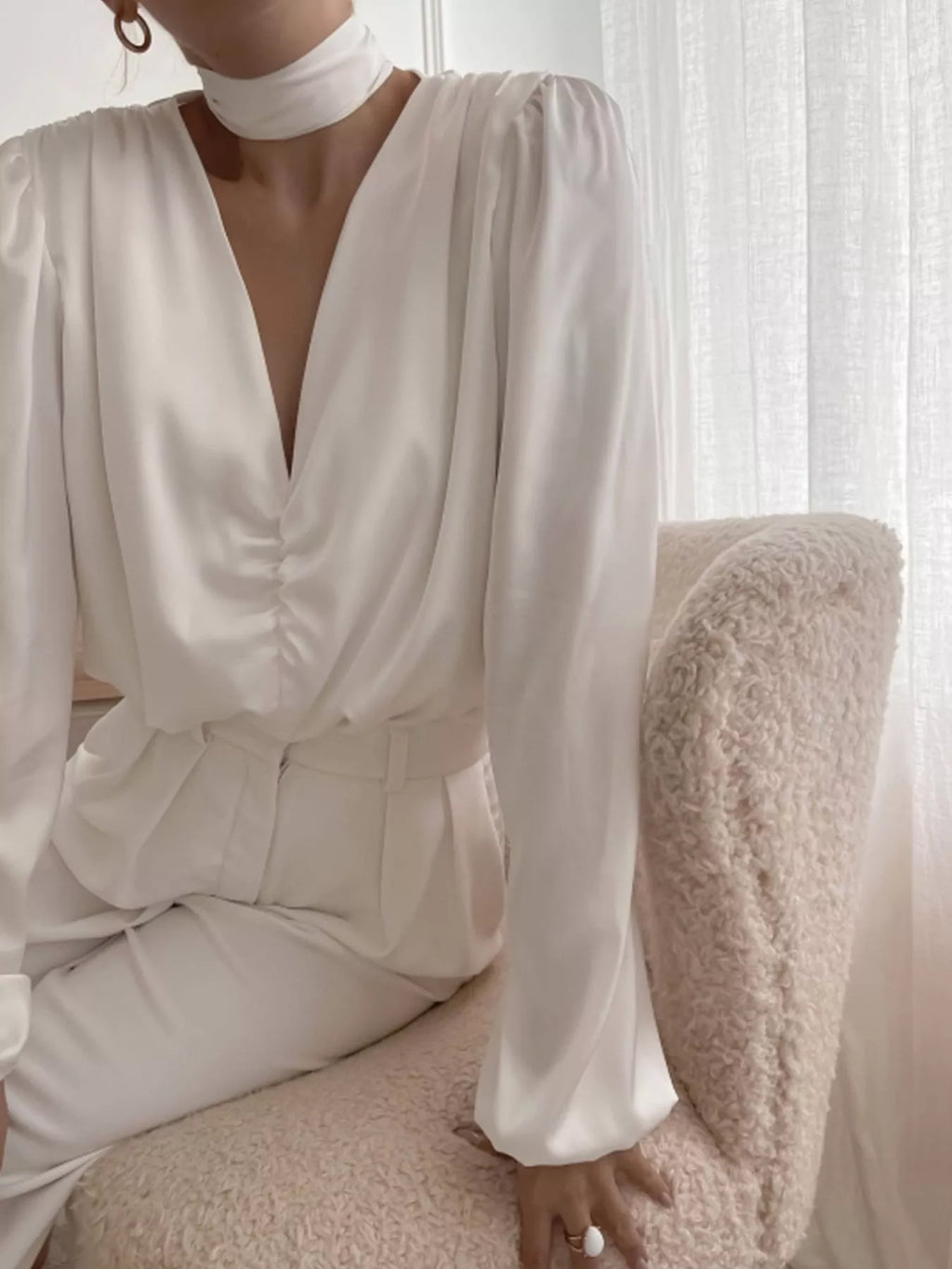 White Long Sleeve V-Neck Blouse with Ruched Front Detail