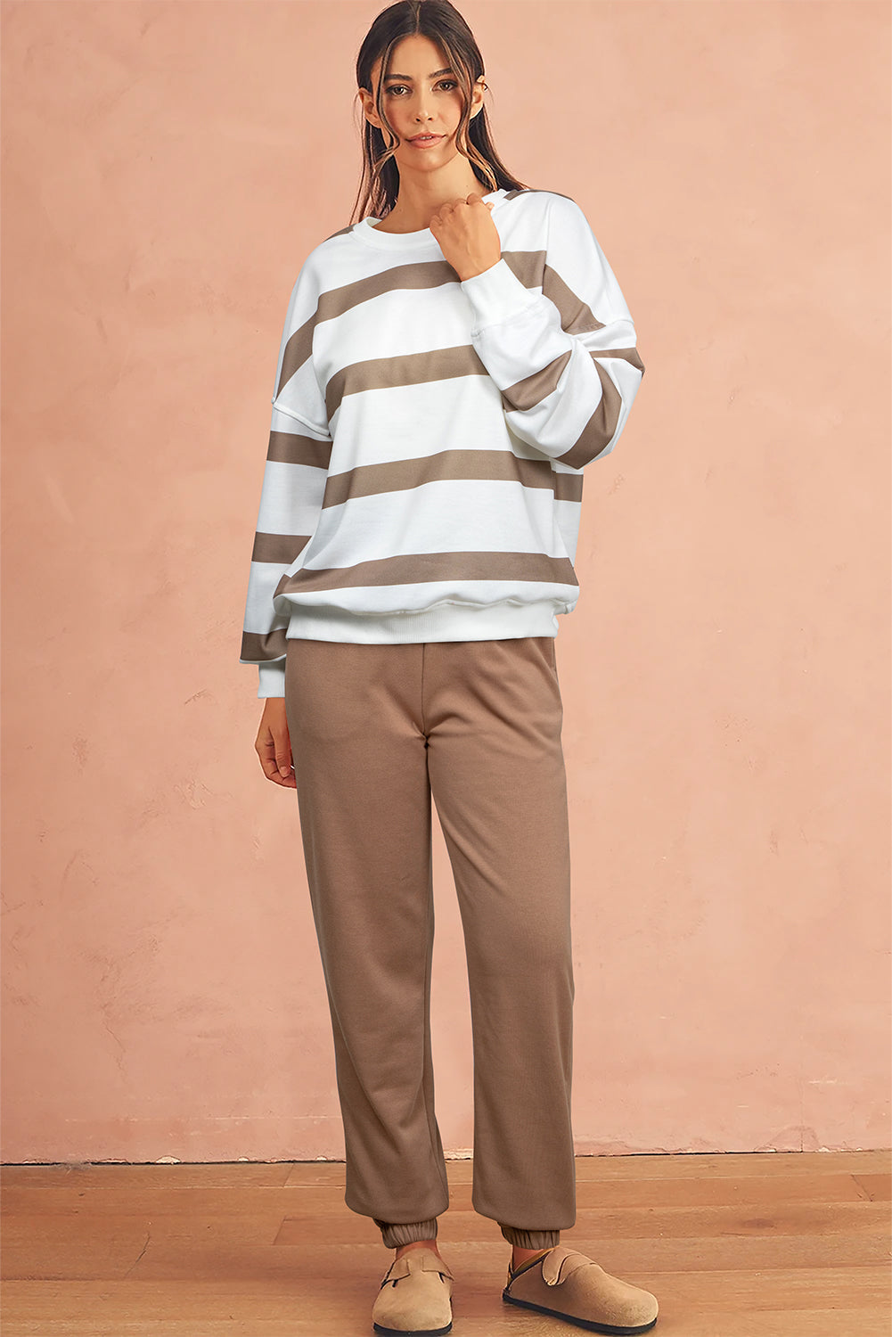 Light French Beige Striped Two-Piece Set