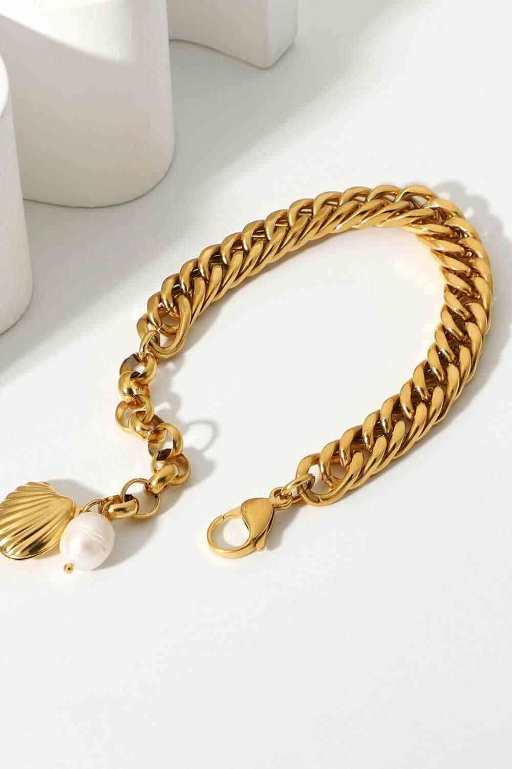 GlamGold 18K Gold-Plated Curb Chain Bracelet – Elegant Pearl Accent See size chart under “more details”