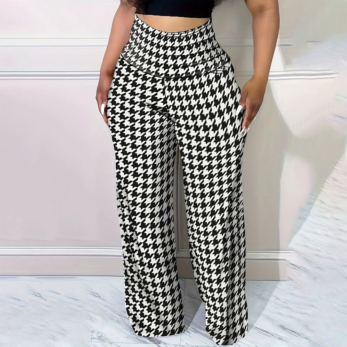 Plus Size Bird Check Comfortable Loose Women's Straight Leg Pants