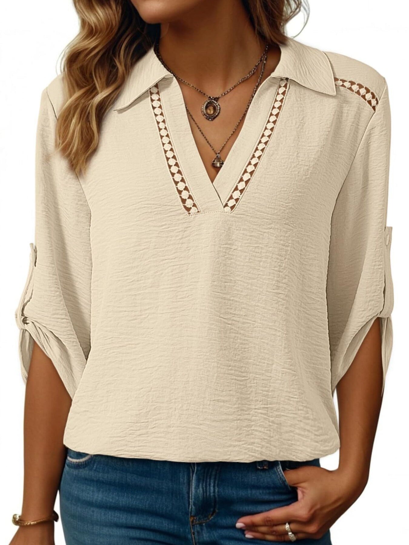 Women Johnny Collar Blouse with Cutout Details and Texture