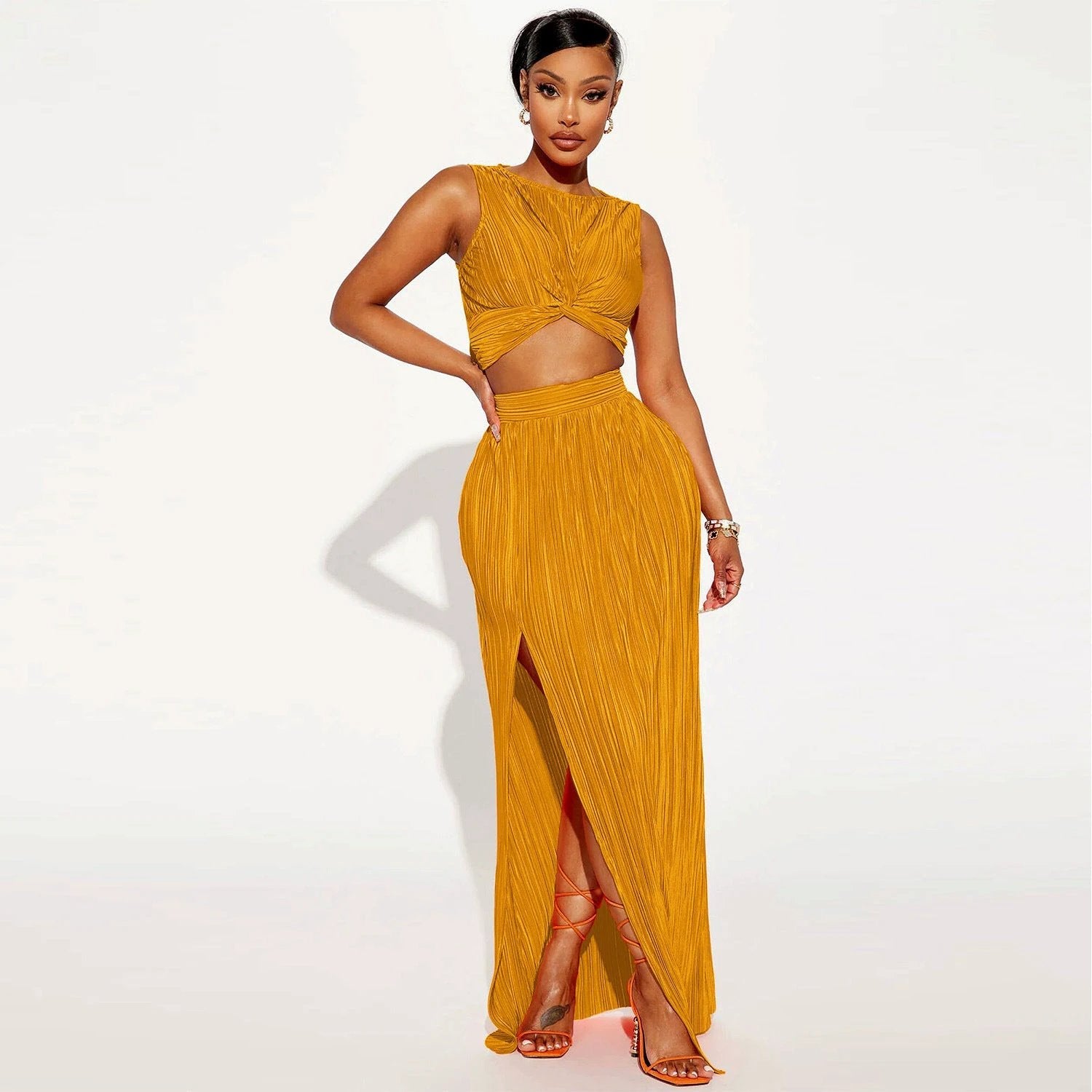 European And American Women's Clothing Slit Dress Two-piece Set