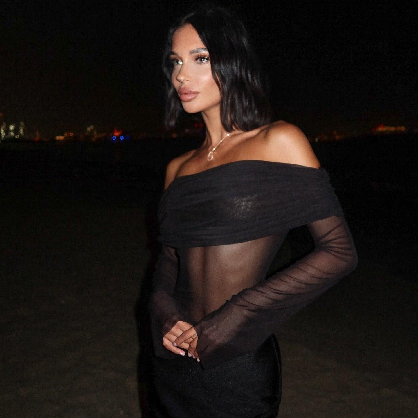 Elise Mesh Off Shoulder Maxi Dress