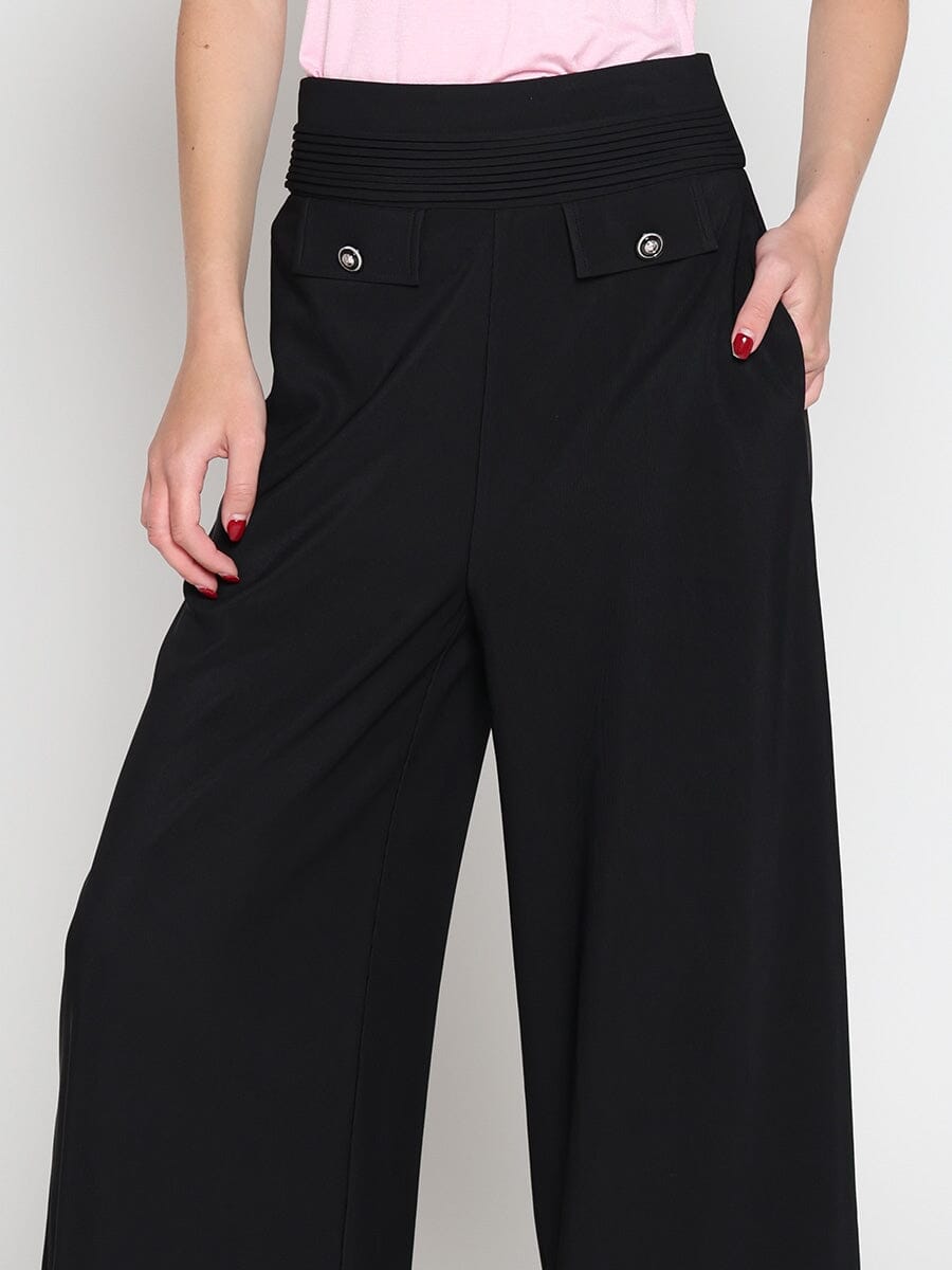 Embellished Pockets High Waist Wide Leg Pants