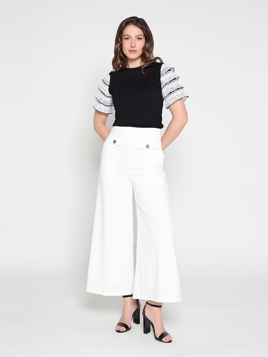 Embellished Pockets High Waist Wide Leg Pants