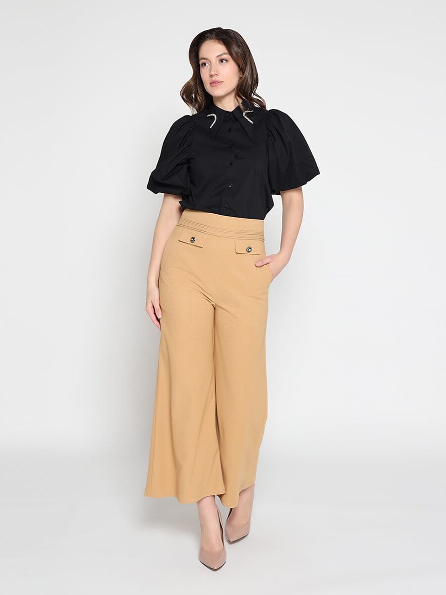 Embellished Pockets High Waist Wide Leg Pants