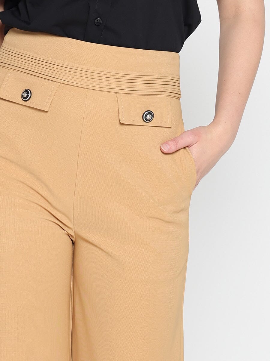 Embellished Pockets High Waist Wide Leg Pants