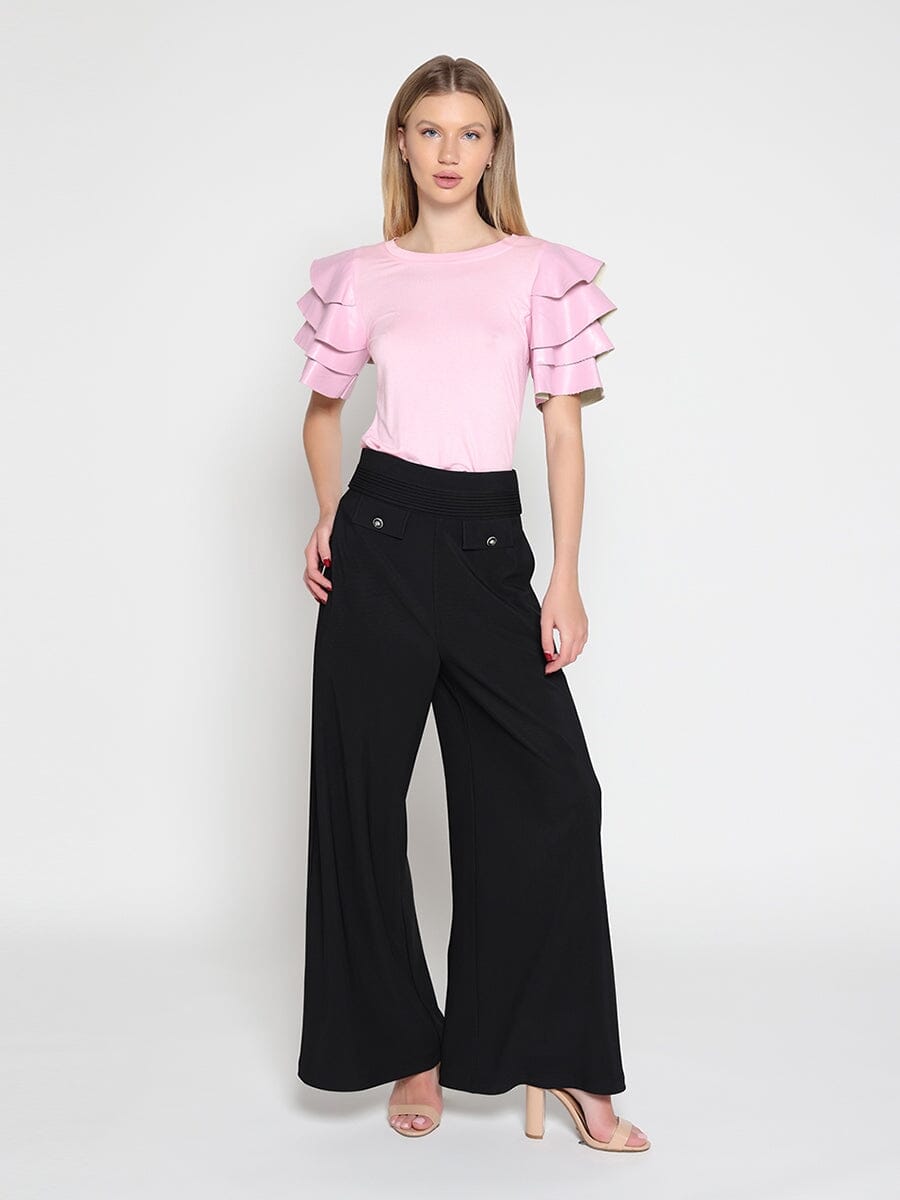 Embellished Pockets High Waist Wide Leg Pants