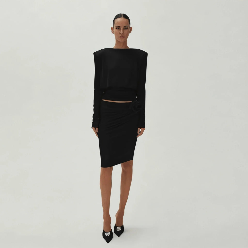 Esme Draped Neck Padded Shoulder Black Blouse