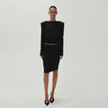 Esme Draped Neck Padded Shoulder Black Blouse