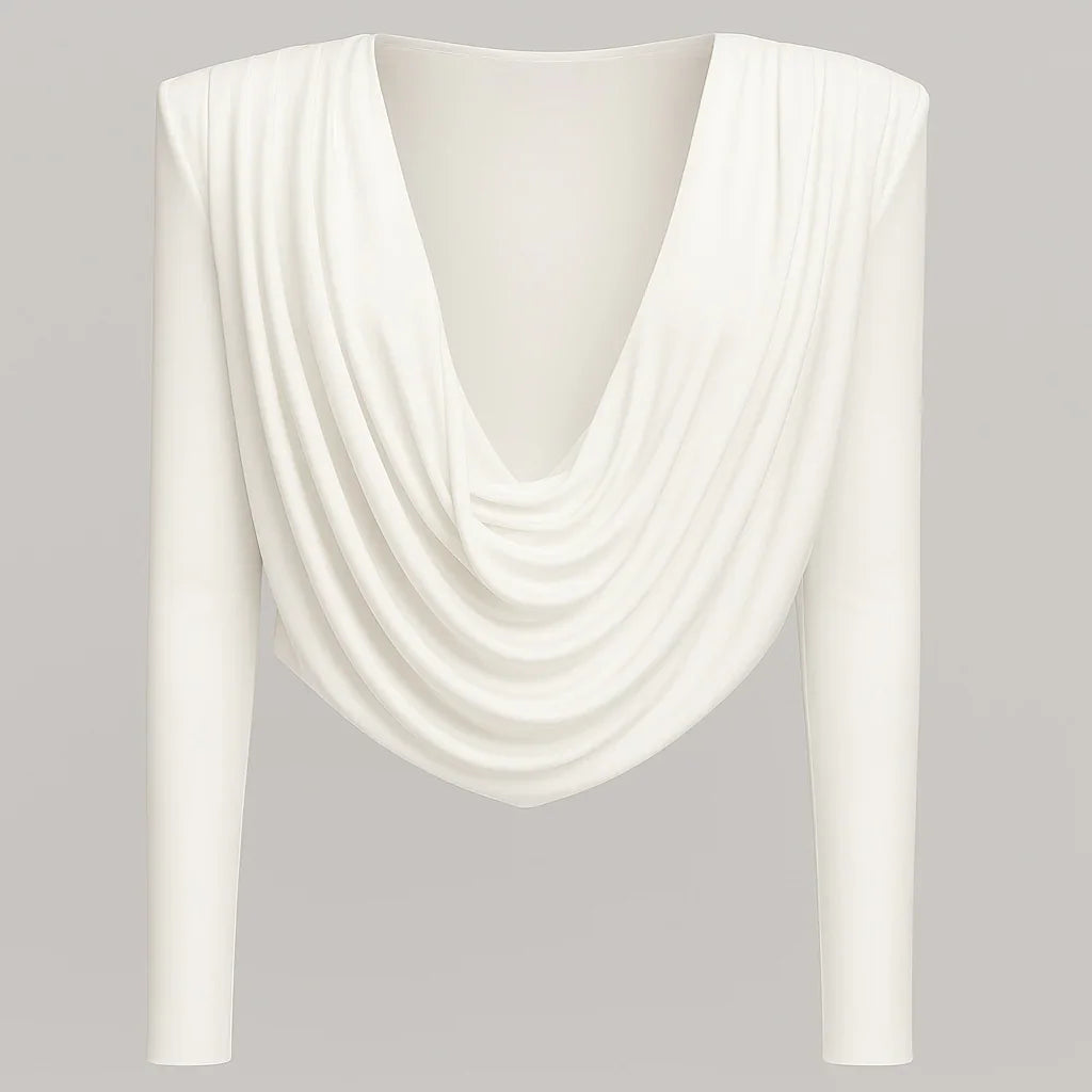 Esme Draped Neck Padded Shoulder White Blouse