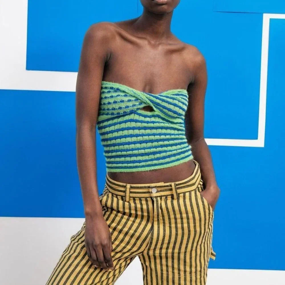 Euro Striped Light Green Cutout Knitted Crop Top