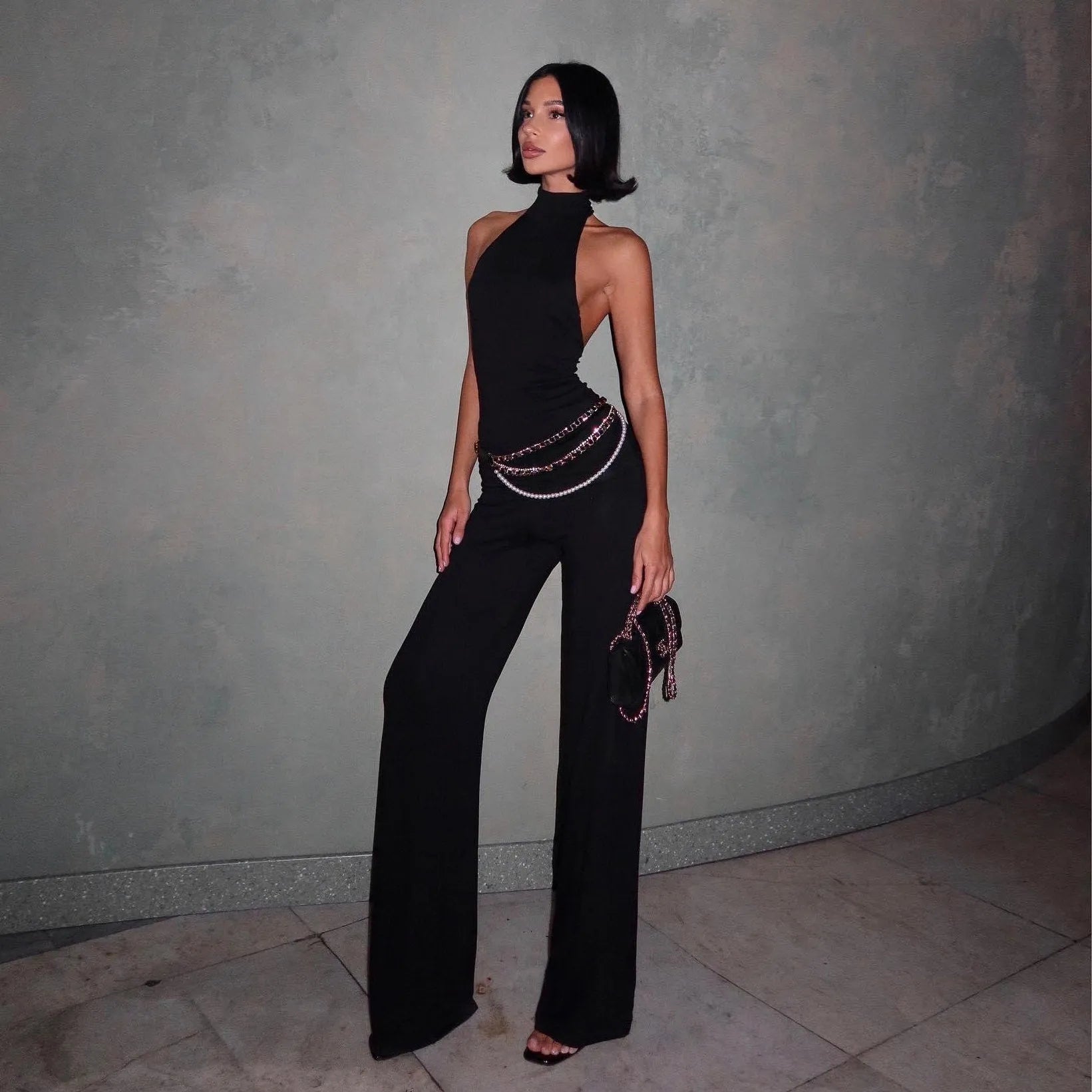 Every Time Backless Top And Flare Pants Two Piece Set