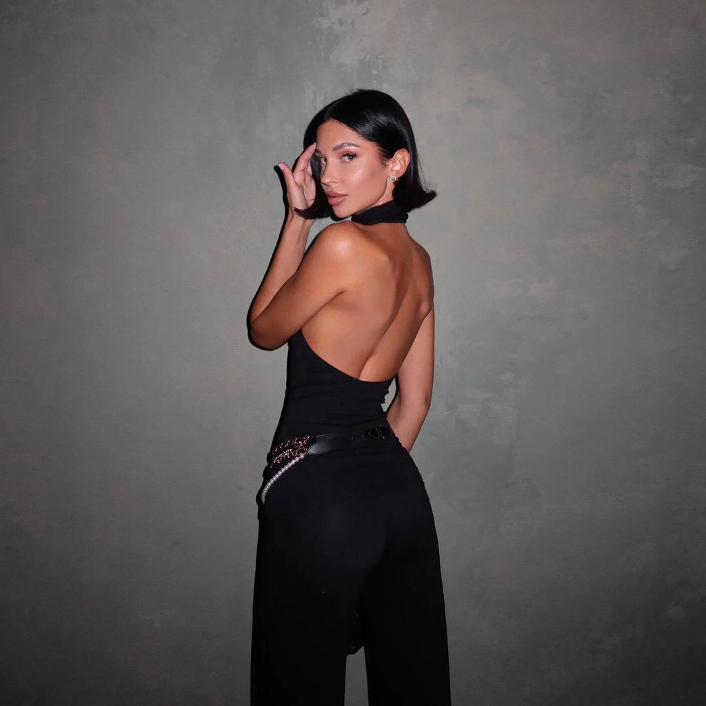 Every Time Backless Top And Flare Pants Two Piece Set