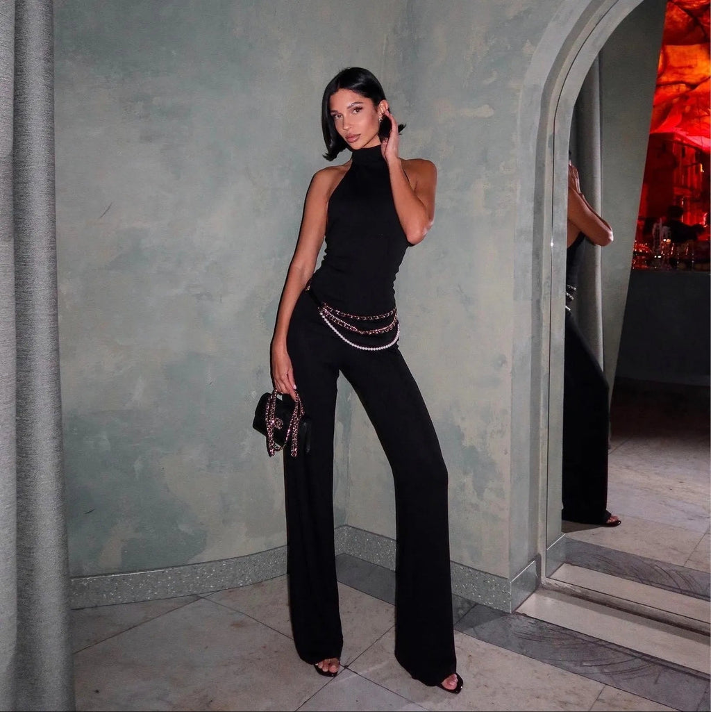 Every Time Backless Top And Flare Pants Two Piece Set