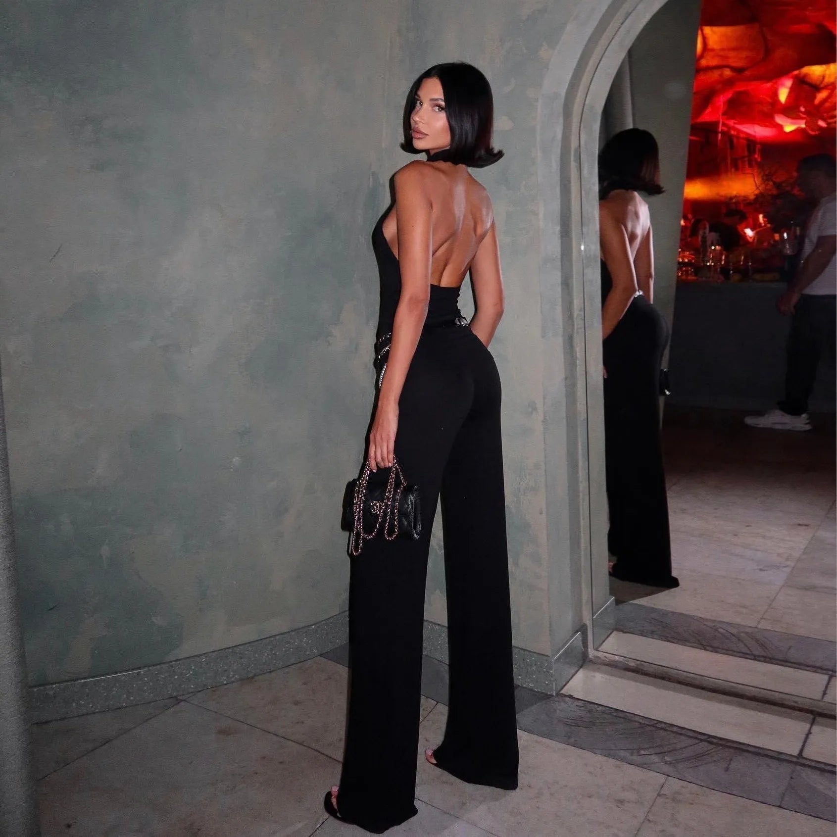 Every Time Backless Top And Flare Pants Two Piece Set